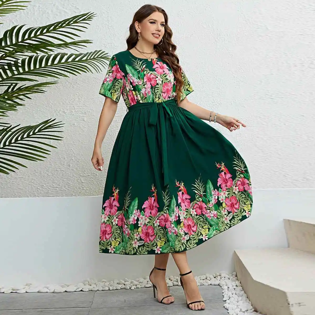 

Green Printed Strap Waist Cinching Dress Women's A-Line Long Dress Citywalk Side Zipper round Neckline Other 100% Fabric