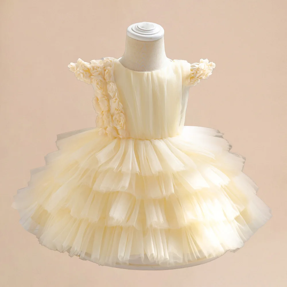 Baby Dresses Appliques Pearl Belt Toddler Girl Dress Tutu Layered Puffy Infant Ball Gown for Wedding Birthday Performance