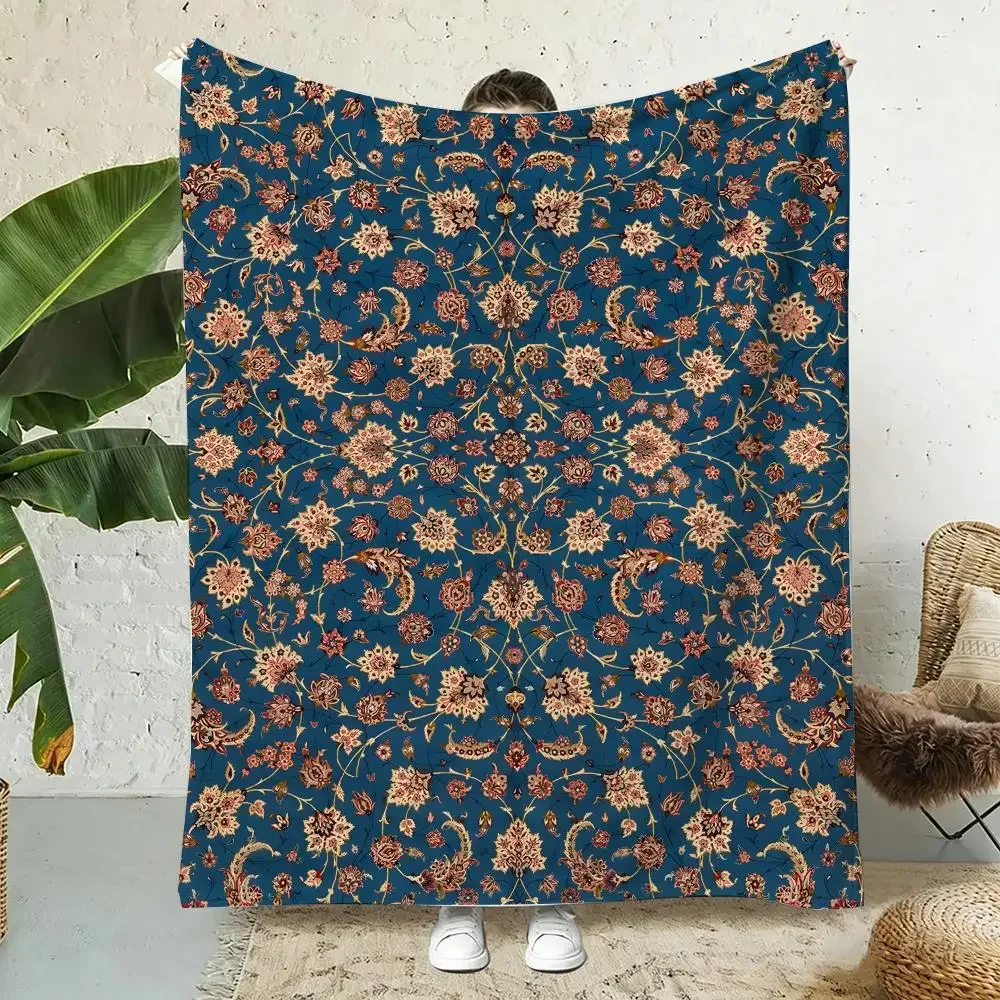 Persian Rug Pattern Throw Lightweight 240g Flannel Blanket Soft Skin-friendly for Summer Cooling