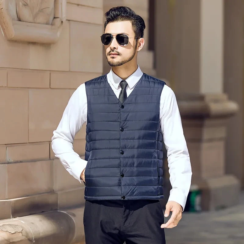 Man Vests Coat New Autumn Winter V-Neck Solid Slim Waistcoat Warm Male Clothing  New Gilet Jaket For Men Sriped Pocket Tops