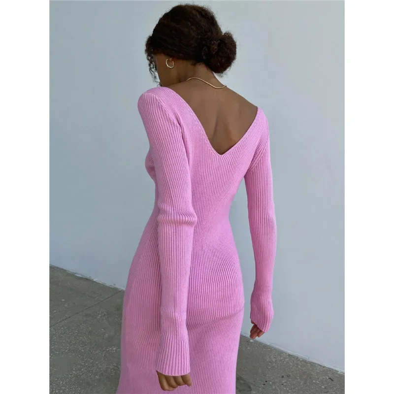 Herfst Winter Gebreide Rib Wrap Midi Kokerjurk Voor Vrouwen Casual Eenvoudige Stijl Lange Mouw V-hals Backless Bodycon Jurk Koreaanse Stijl