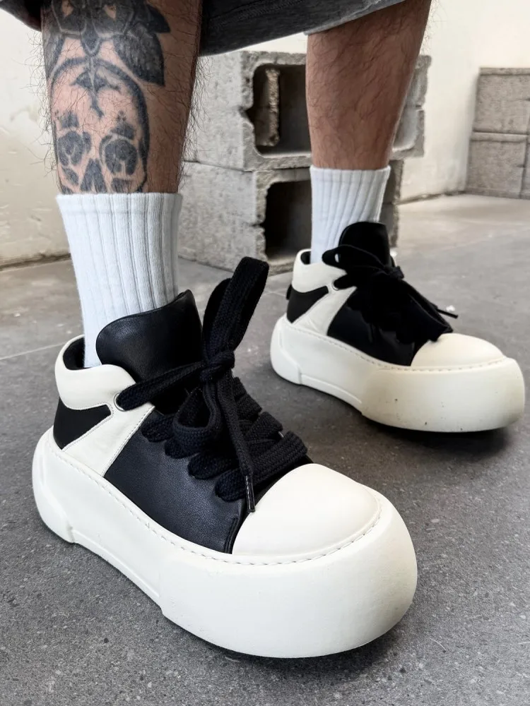 Fashion Mens Thick Platform Shoes Height Increasing Lace Up Casual Sneakers Color Mixed Cowhide Genuine Leather Skateboard Shoes