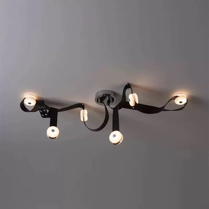 

Scandinavian LED ceiling chandelier for living room, dimmable, wall lamp, marble shade, brown leather chandelier