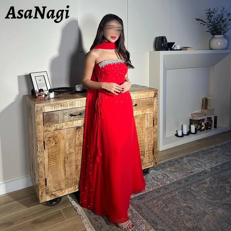 AsaNagi Elegant A-line Prom Dress Women With Beaded Strapless Red Party Evening Gowns Ankle Length Elegant Special Occasion Gown