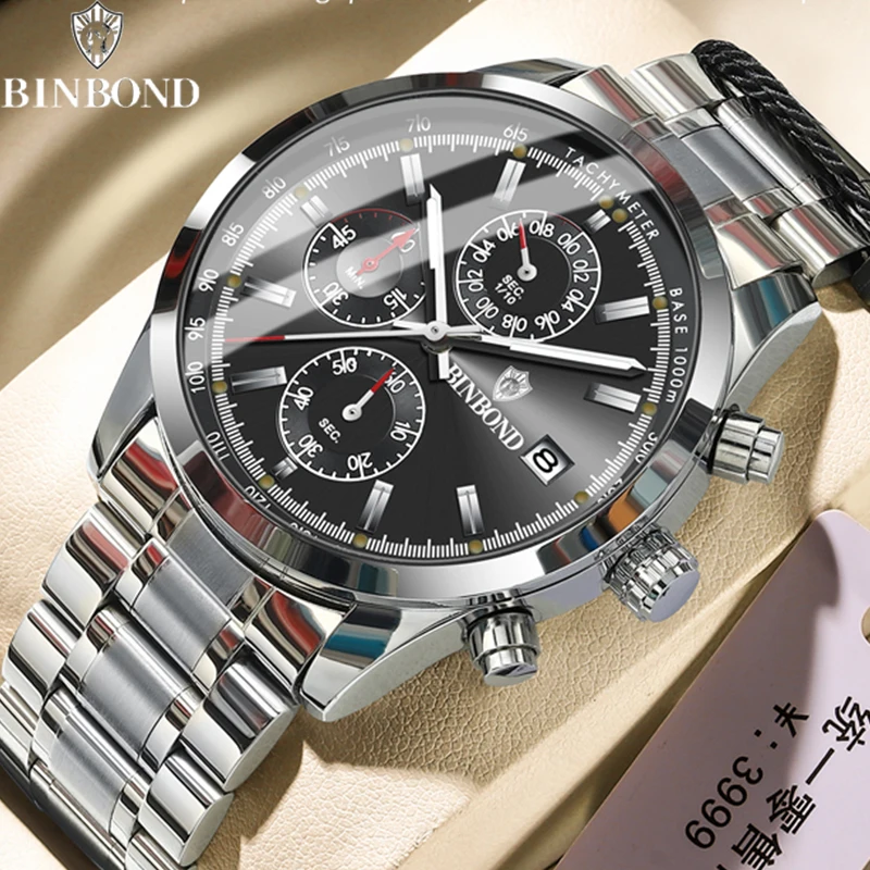 BINBOND B6022 Senior Luxury Men Quartz Watch Automatic Date Wristwatch Waterproof Luminous Sport Chronograph Business Men Watch