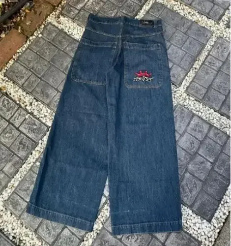 

JNCO Готические джинсы с вышивкой надписью для мужчин, уличные мешковатые джинсовые брюки в стиле хип-хоп Y2K, прямые широкие брюки в стиле ретро Харадзюку