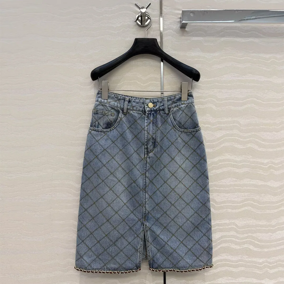 Chic Elegant Lady Argyle Embroidery Pattern Midi Skirts Womens High Waist Pockets Chains Split Novelty Streetwear Pencil Skirt
