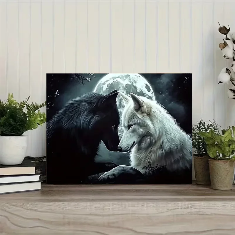 Multiple sizes 1pc frameless Canvas Painting,Black Wolf and White Wolf Under The Moon Poster and Prints Canvas Painting Wall Art