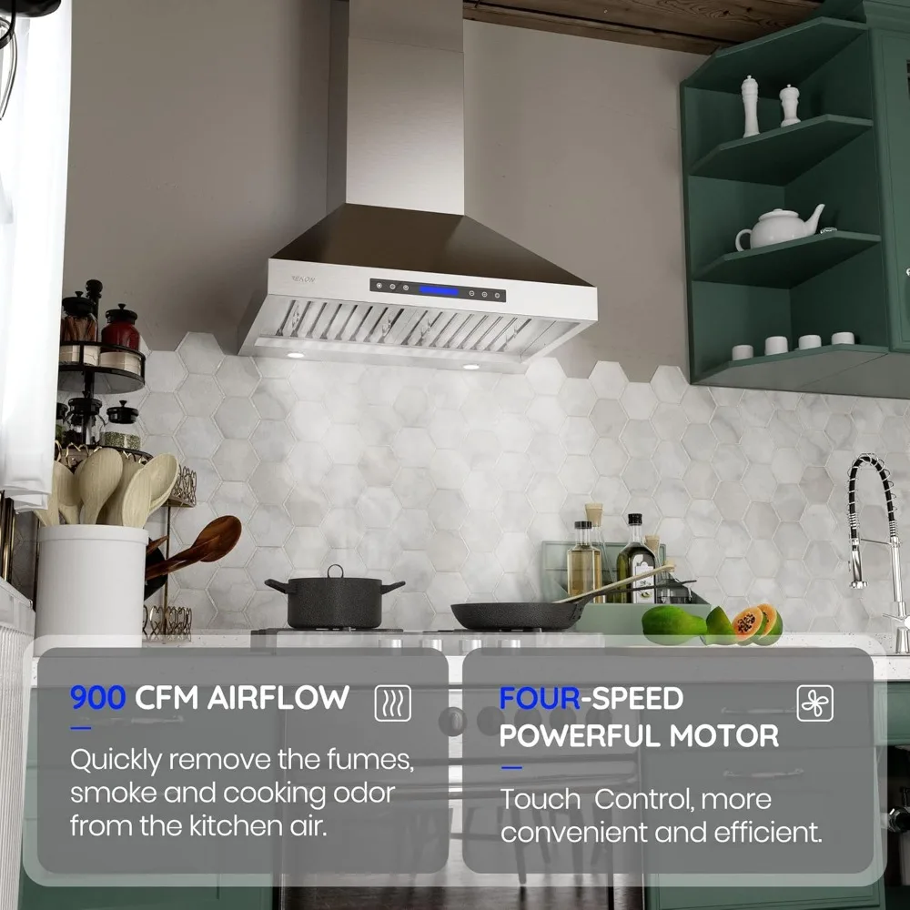 Range Hoods 36 Inch - Wall Mount Range Hood Stainless Steel 900 CFM, Touch Panel Control With Remote