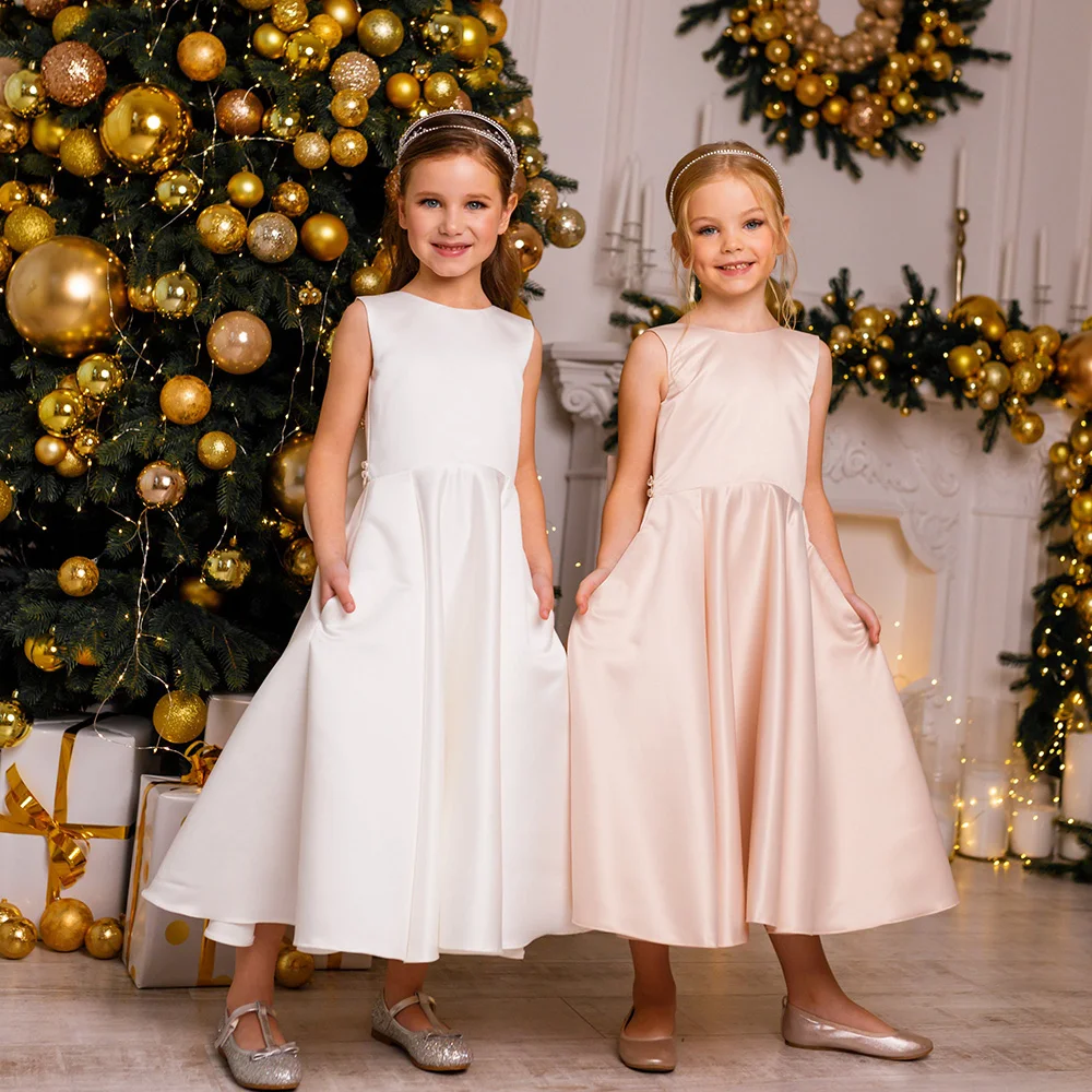 

ADLN Jewel Satin Holy First Communion Dresses A-line Flower Girl Dress Floor Length Backless Pink New Year Party Gown