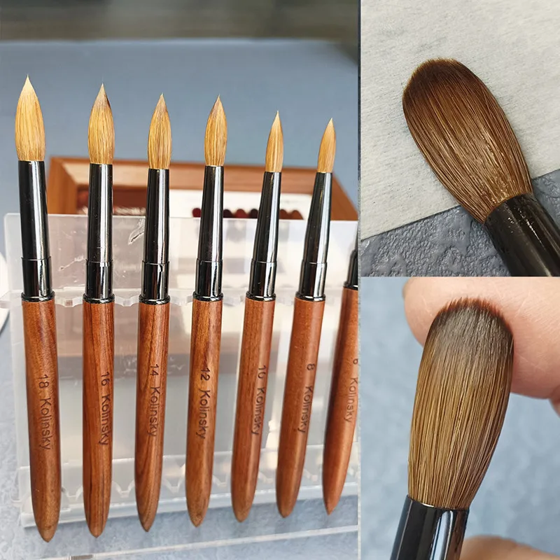 100% コリンスキー毛ネイルアートブラシ アクリルUVジェルカービングペンブラシ 液体パウダーDIYネイルペイント描画ツール サイズ2-18