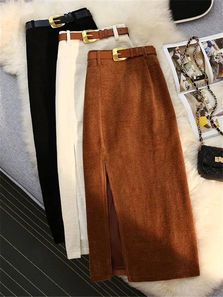 Autumn Winter Corduroy Women's Skirts with Belted 2023 New High Waist Straight Classic Front Split Skirts Ladies Female