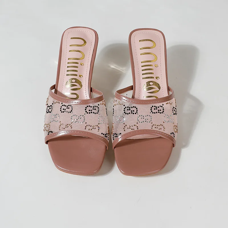 2024 Summer Women's Slippers Fashion Square Toe Rhinestone Mesh Stiletto Breathable High Heel Slippers Banquet Wedding Shoes