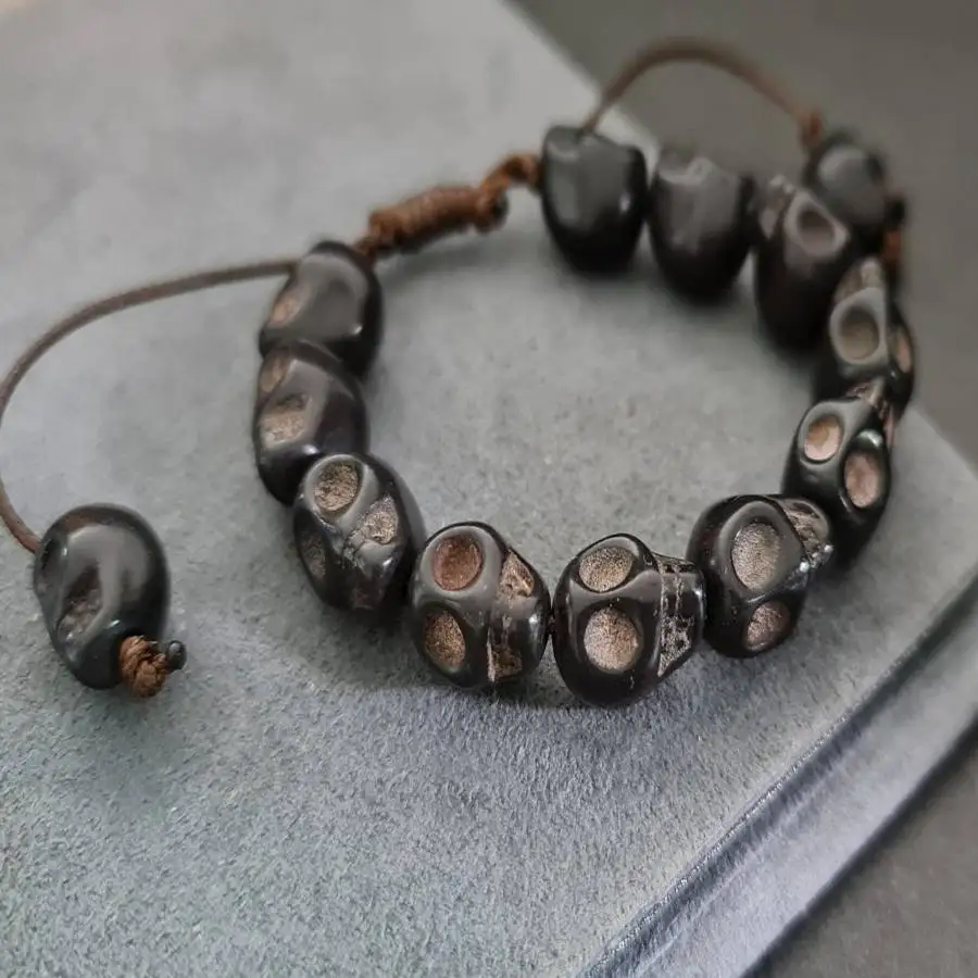 

Handmade Black Skull Head bracelet,men's cuff button bracelet,Ramadan prayer bead,women's meditation,holiday gift,daily wear