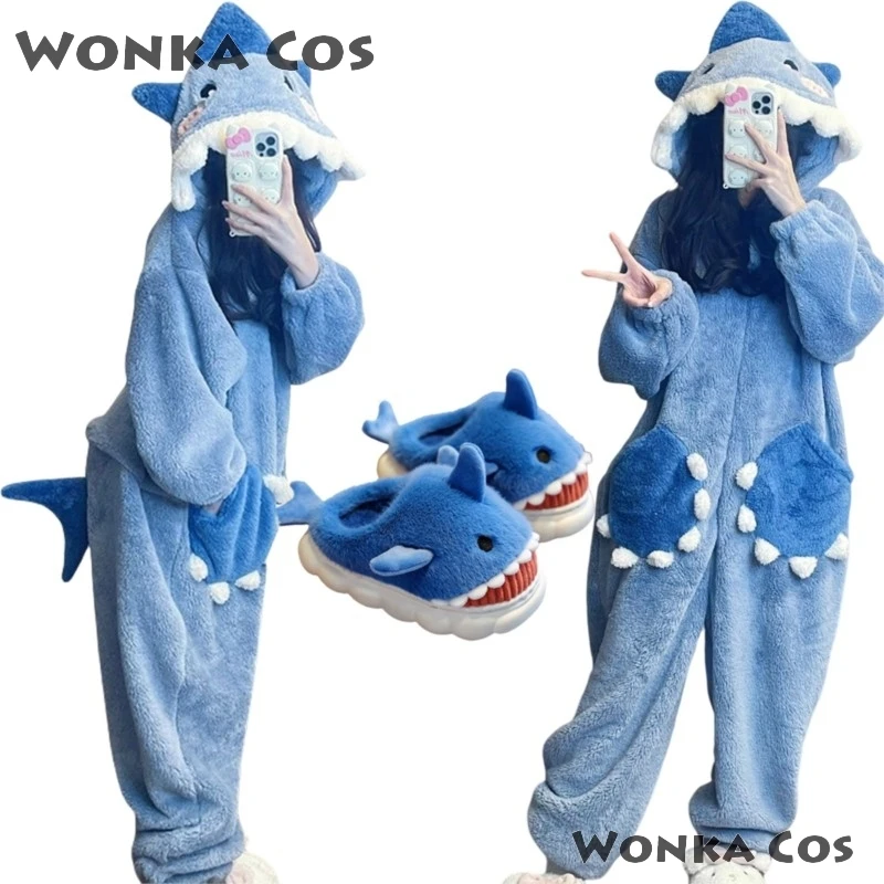Cartoon Cute Shark Women\'s Hooded Gawr Sleepwear Kigurumi Unicorn Winter Gura Cosplay Pijama Jumpsuit Christmas Party Loungewear