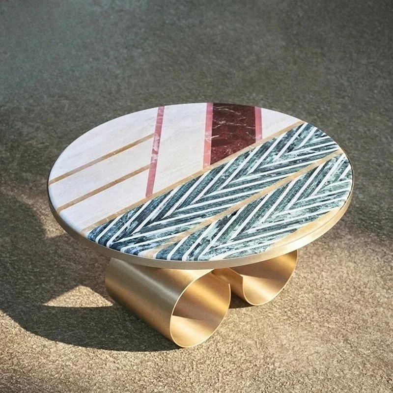 JJItalian Light Luxury Stainless Steel Marble Coffee Table Combination Villa Home Use, Color Matching Pattern Short Round Tea