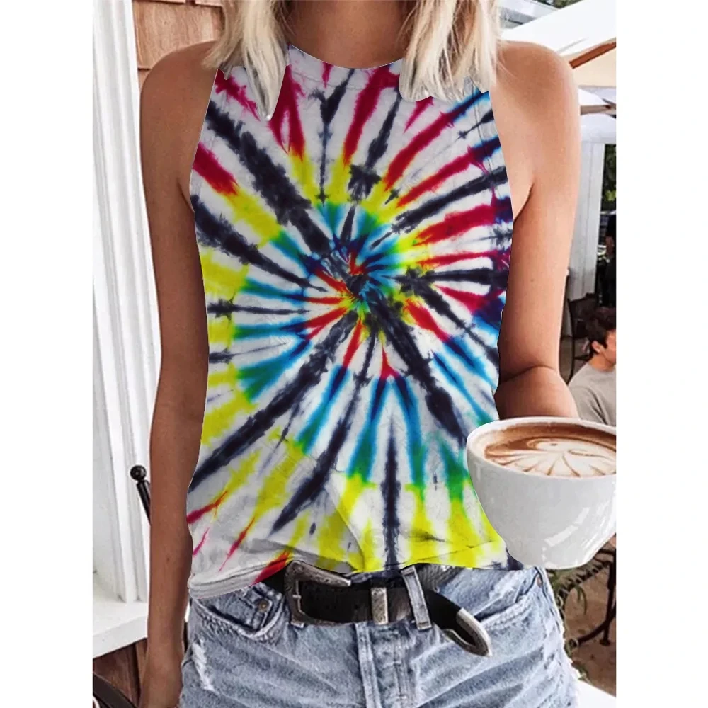 Summer Fashion Colorful Tie Dye 3D Print Tank Tops Women Streetwear Oversized O-Neck Vest Off Shoulder Sleeveless Woman Camisole