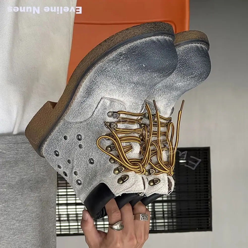 Men Vintage Distressed Suede Ankle Boots Big Round Toe Lace Up Anti Wear Casual Streetwear Boots Retro Industrial Work Boots