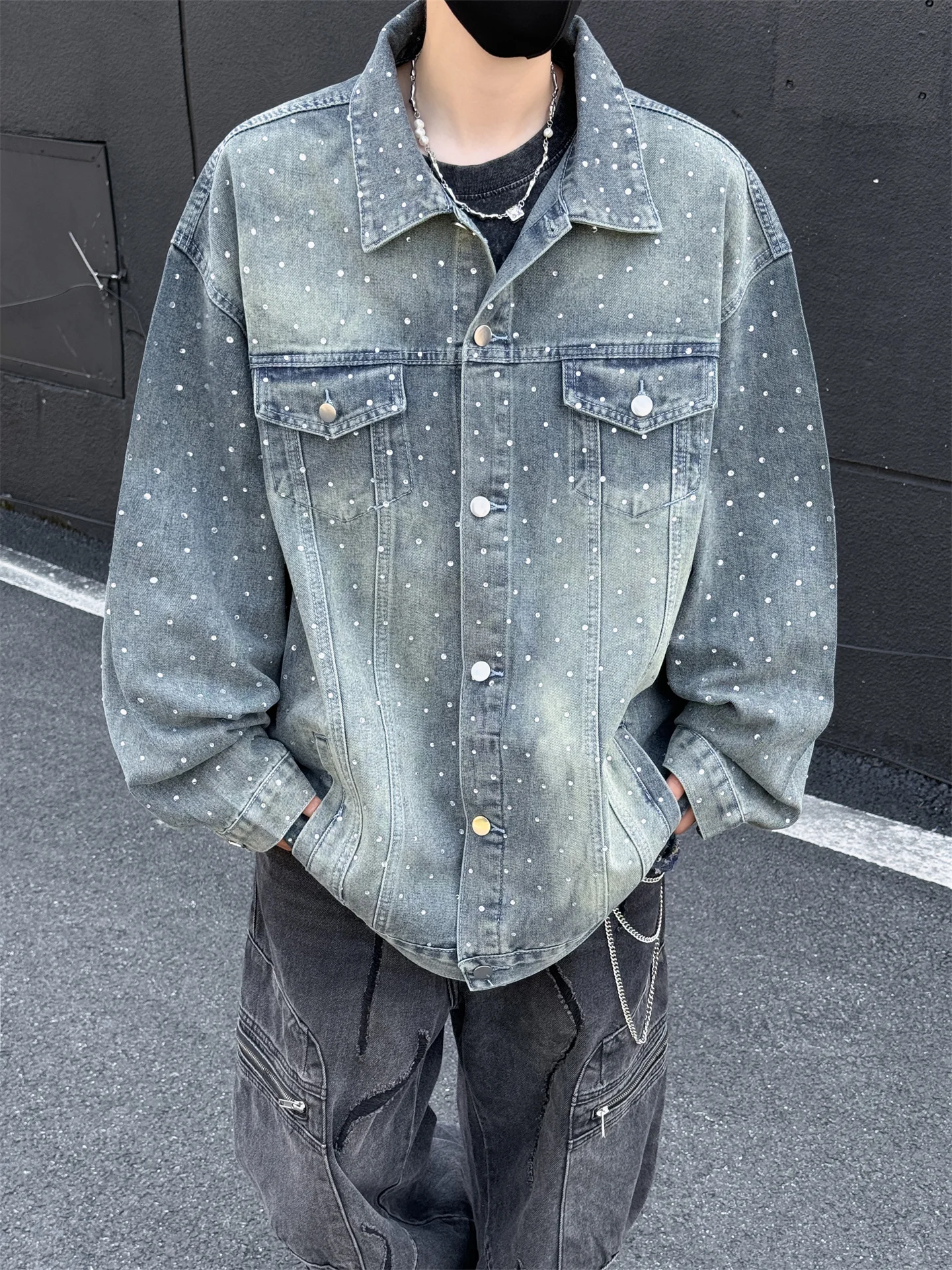 

Premium Feel Rhinestone Denim Jaet Men Heavy Du Waed Street Sle Trendy Loose Collar Workwear Jaet Spring Youth Faion