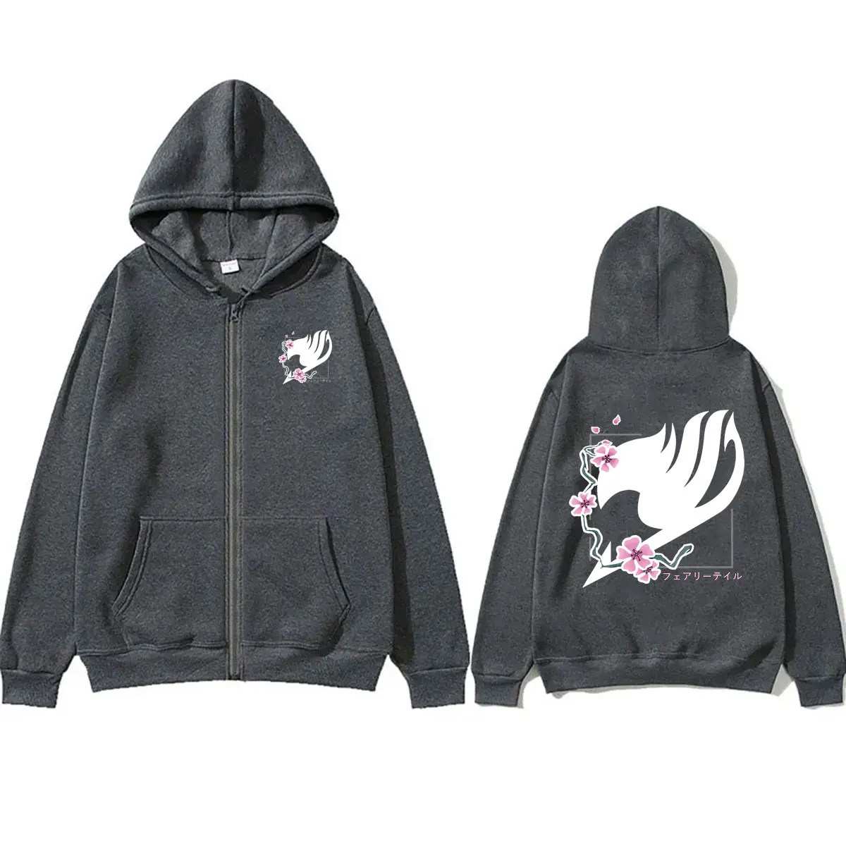Heißer Anime Fairy Tail Natsu Dragneel Kirschblüten Logo Grafik Reißverschluss-Hoodie für Männer und Frauen Manga Übergroße Zip-Up-Jacke Sweatshirt – Detail 5