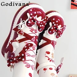 Lolita Shoes Japanese Cute Girly Platform Muffin Shoes New Spring Bowknot Polka Dot College Style Kawaii Women High Heel