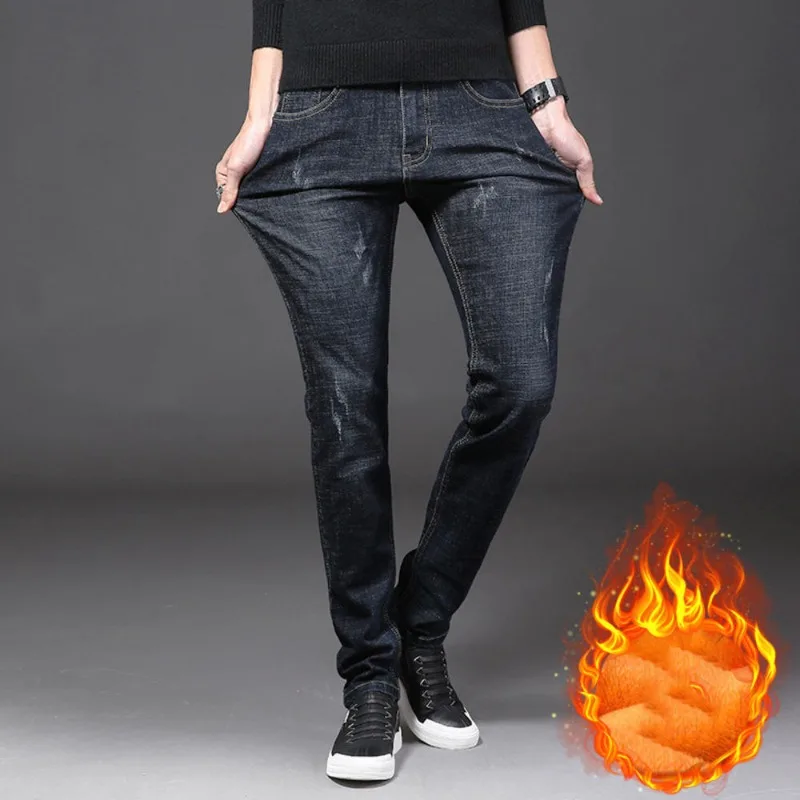 Slim Fit Jeans Voor Heren Met Kleine Voeten Casual Pluche En Verdikte Herfst En Winter Rechte Pijpen Lange Broek Koreaans Trendy Merk