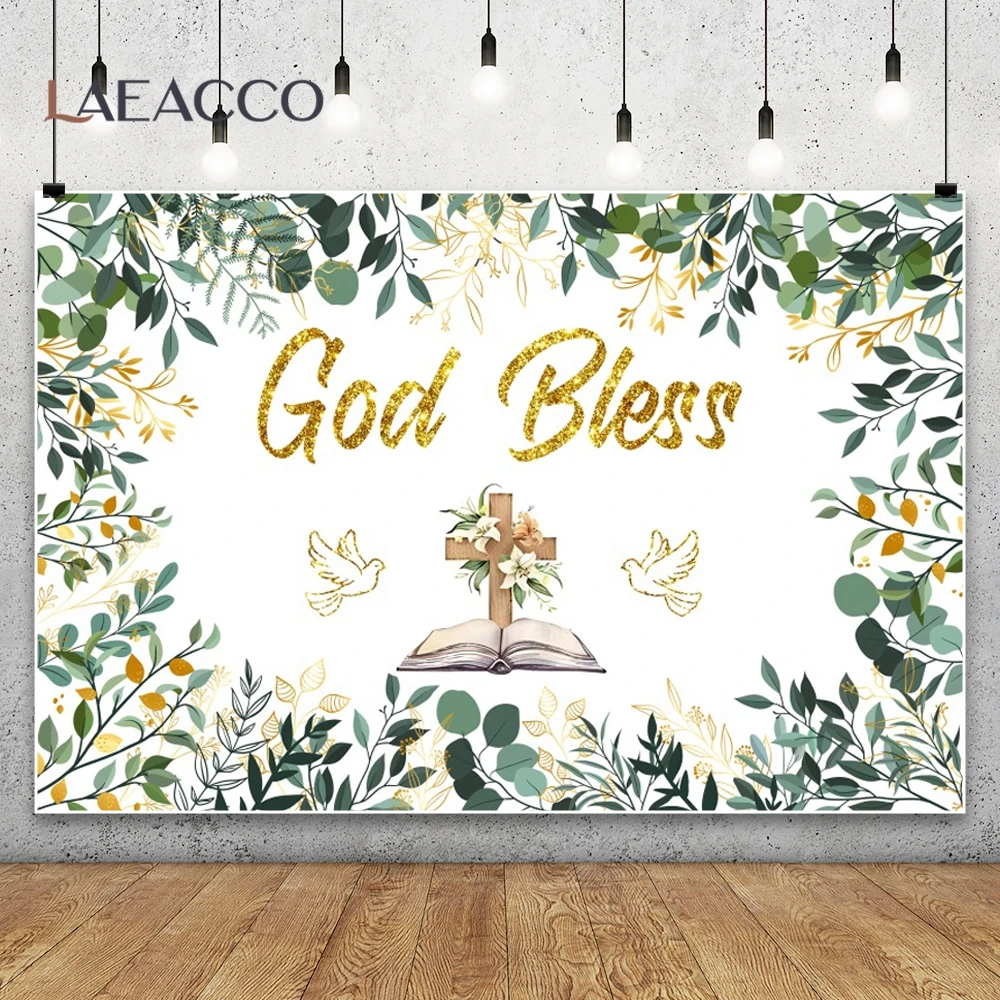 God Bless Baptism Photography Background Golden Cross Green Leaves Kids Baptism Party First Holy Communion Photo Backdrop Banner