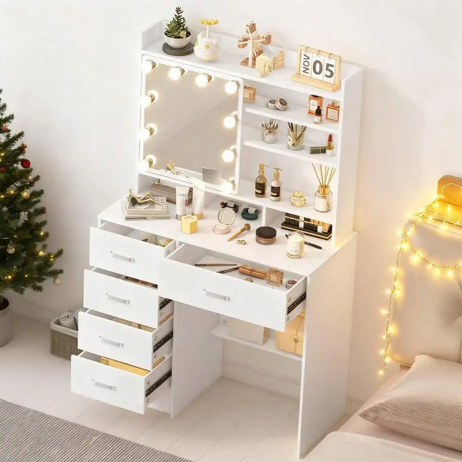 Furniture Gifts Vanity Set With Led Lights Makeup Desk Dressing Dresser Desk Table With 5 Drawer