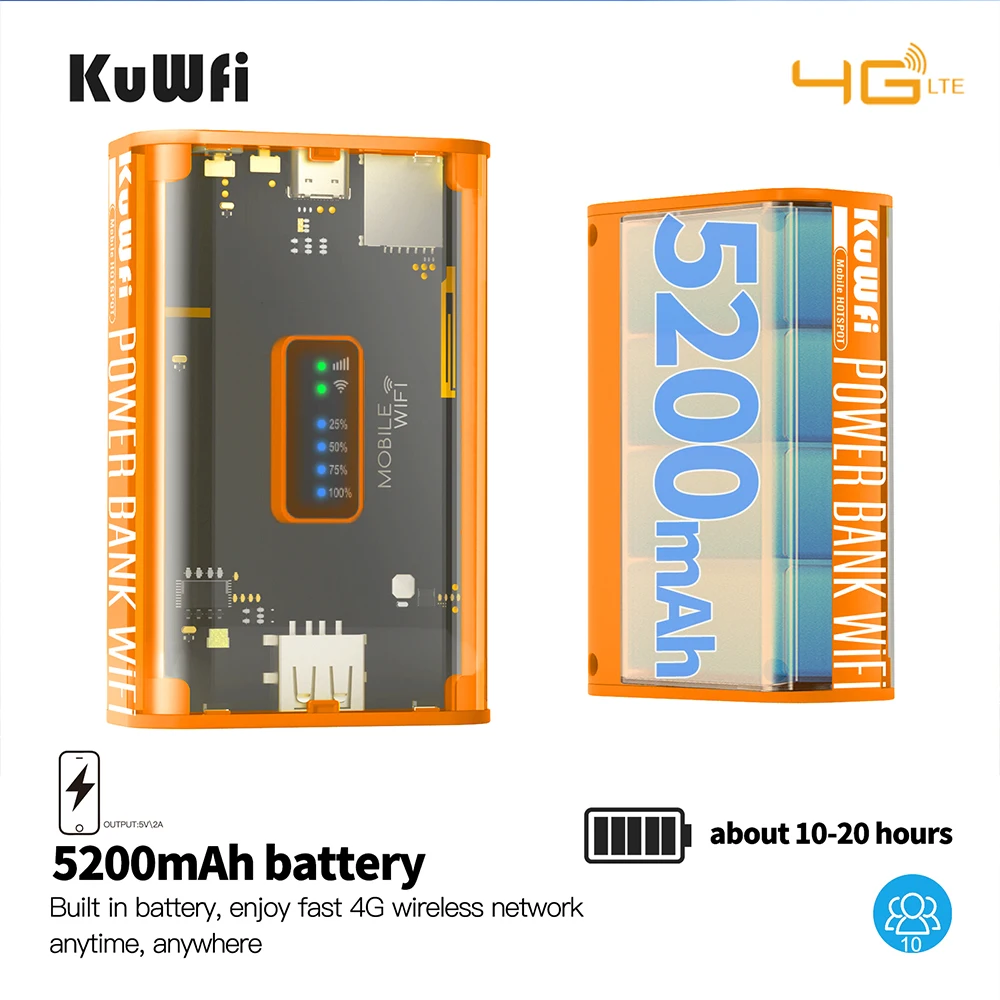 KuWFi 5200mAh 4G Mobile Router 150Mbps Proteble Travel LTE Router USB Output TypeC Charging Wireless WiFi Hotspot for 10 Users