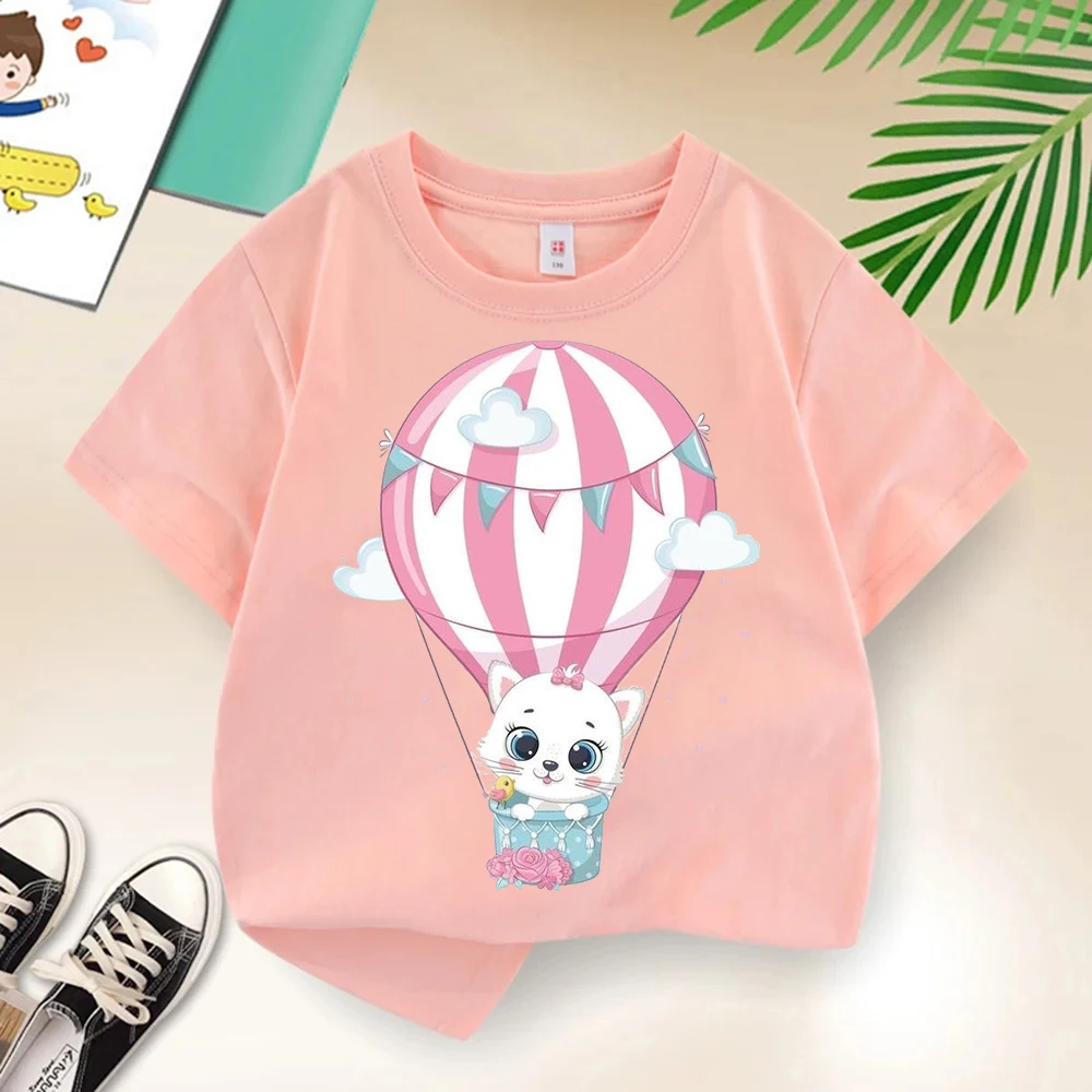

Kawaii cat and hot air balloon cartoon children's T-shirt, summer boys and girls round neck short-sleeved T-shirt