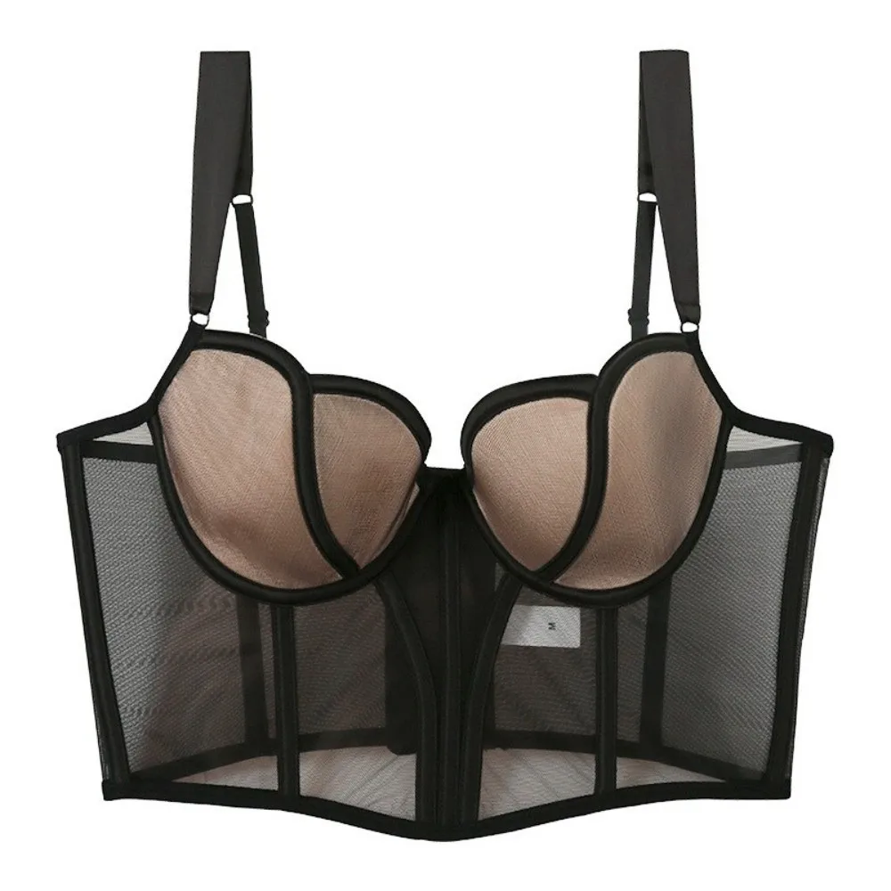 Push Up Mesh Fishbone Corset Sleeveless Waist Tight Women Camisole Lingerie Transparent Slim Crop Top Evening Wear