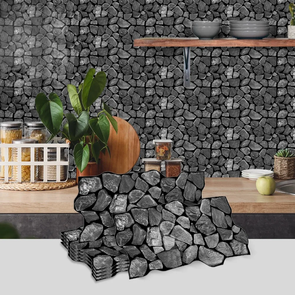 3D Pebble Self-Adhesive PVC Wall Stickers 30x15cm 6PCS,Waterproof Oil Proof Peel and Stick,for Kitchen Cabinet Countertop Living