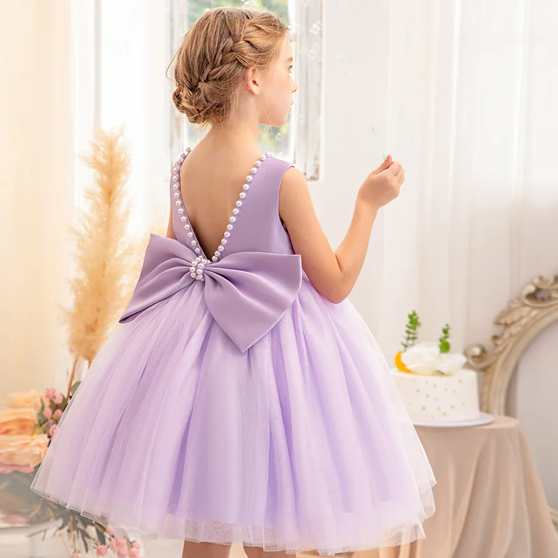 Girls Elegant Dresses Toddler Girl Birthday Tulle Pearls Princess Dress Backless Bow Wedding Baptism Gown Girls Party Dresses