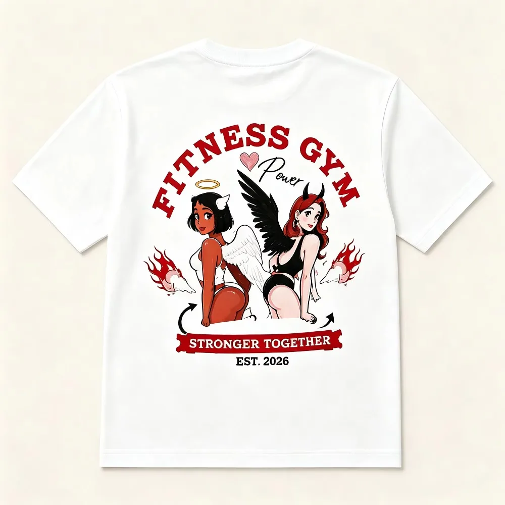 2026 New Gym Fitness Men Women Short Sleeve T Shirt, Angel Devil Illustration Back Graphic Crew Neck Casual Tops
