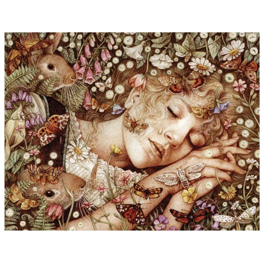 Amishop Princess Asleep Counted Cross Stitch Kit Sleeping Beauty In Flowers Girl And Mouse DIY Embroidery Needlework