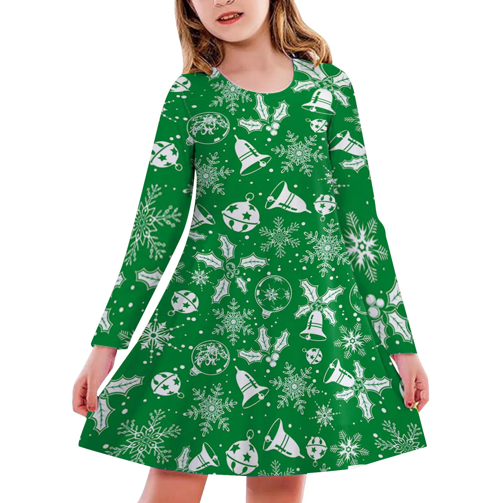 2024 New Year Party Dress for Kids Girl Full Printing Xmas Elk Snow Man Cartoon Vestidos Long Sleeve Casual Baby Girl Cute Dress