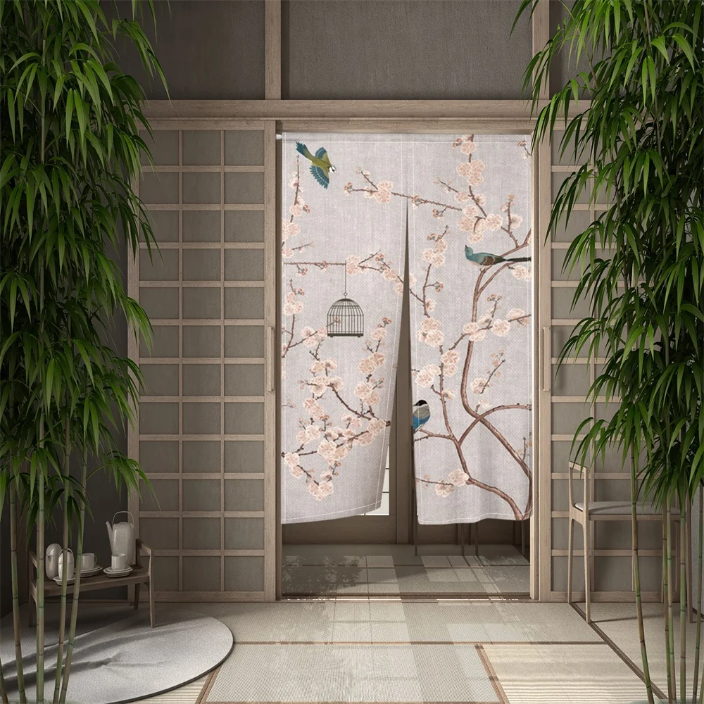 Chinese Traditional Flower Birds Door Curtain Japanese Noren Doorway Curtains Ink Painting Print For Kitchen Partition Curtain