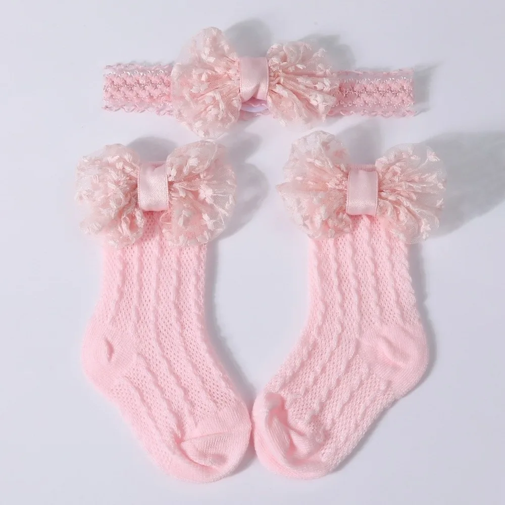 2PCS/Set Solid Color Headband Socks Hollow Out Elastic Lace Bow Socks Lace Bow Breathable Infant Hair Accessory
