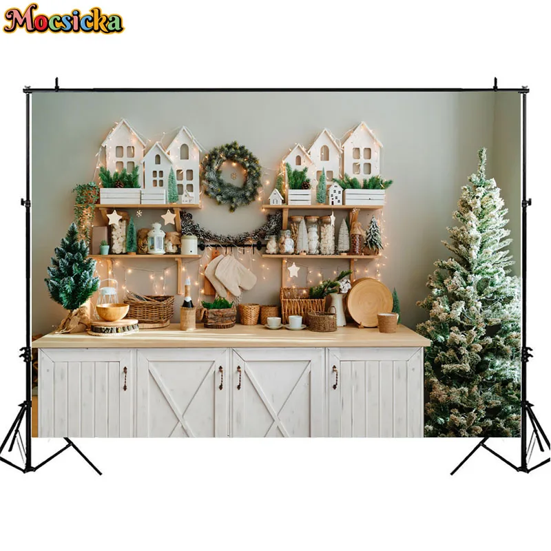 Christmas Modern Kitchen Photography Backdrops Winter Indoor Cooking Kids Portrait Cake Smash Background Xmas Tableware Props