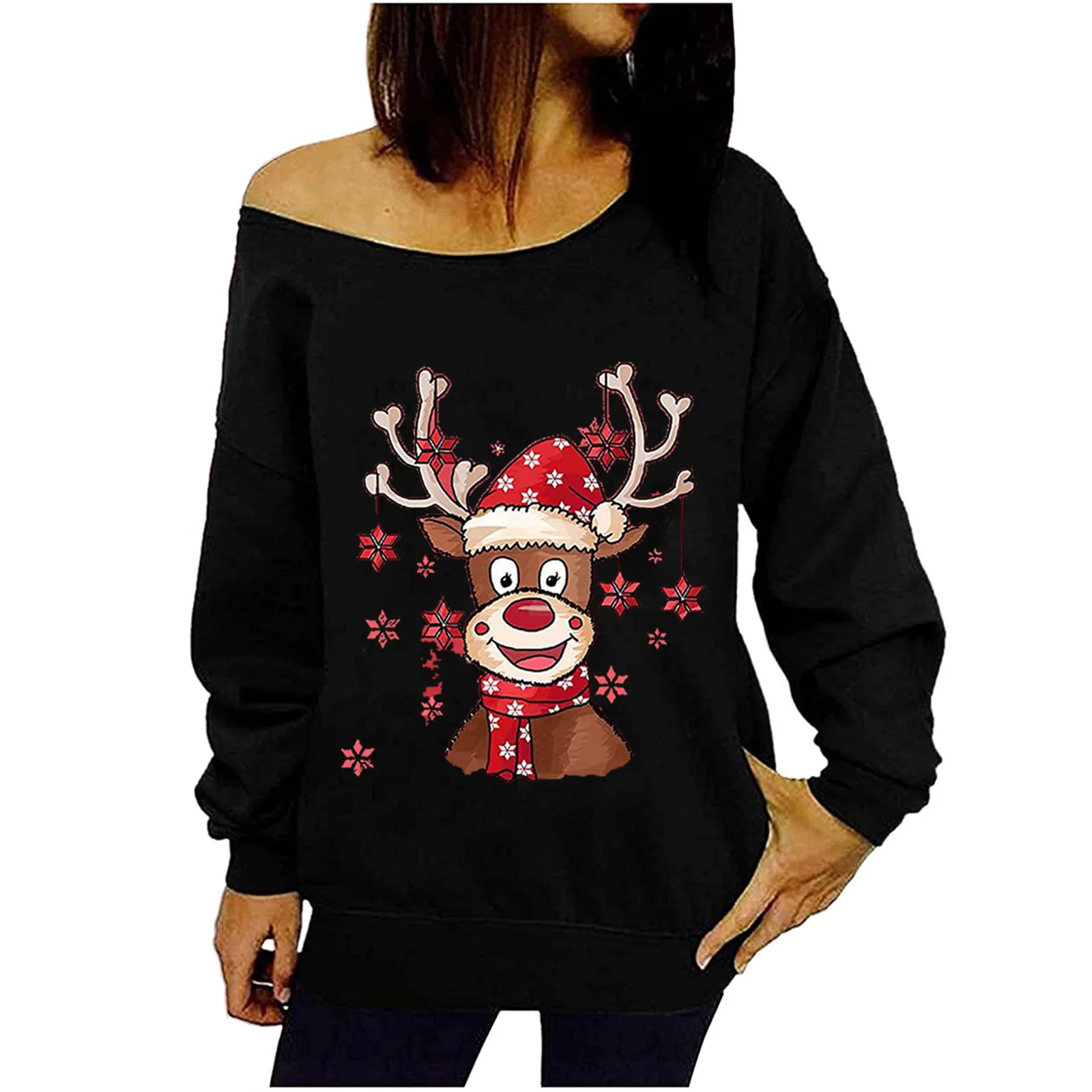 

2025 New Fashion Printed Off-shoulder Long-sleeved Sweatshirt Women Winter Casual Loose Christmas Deer Top For Women