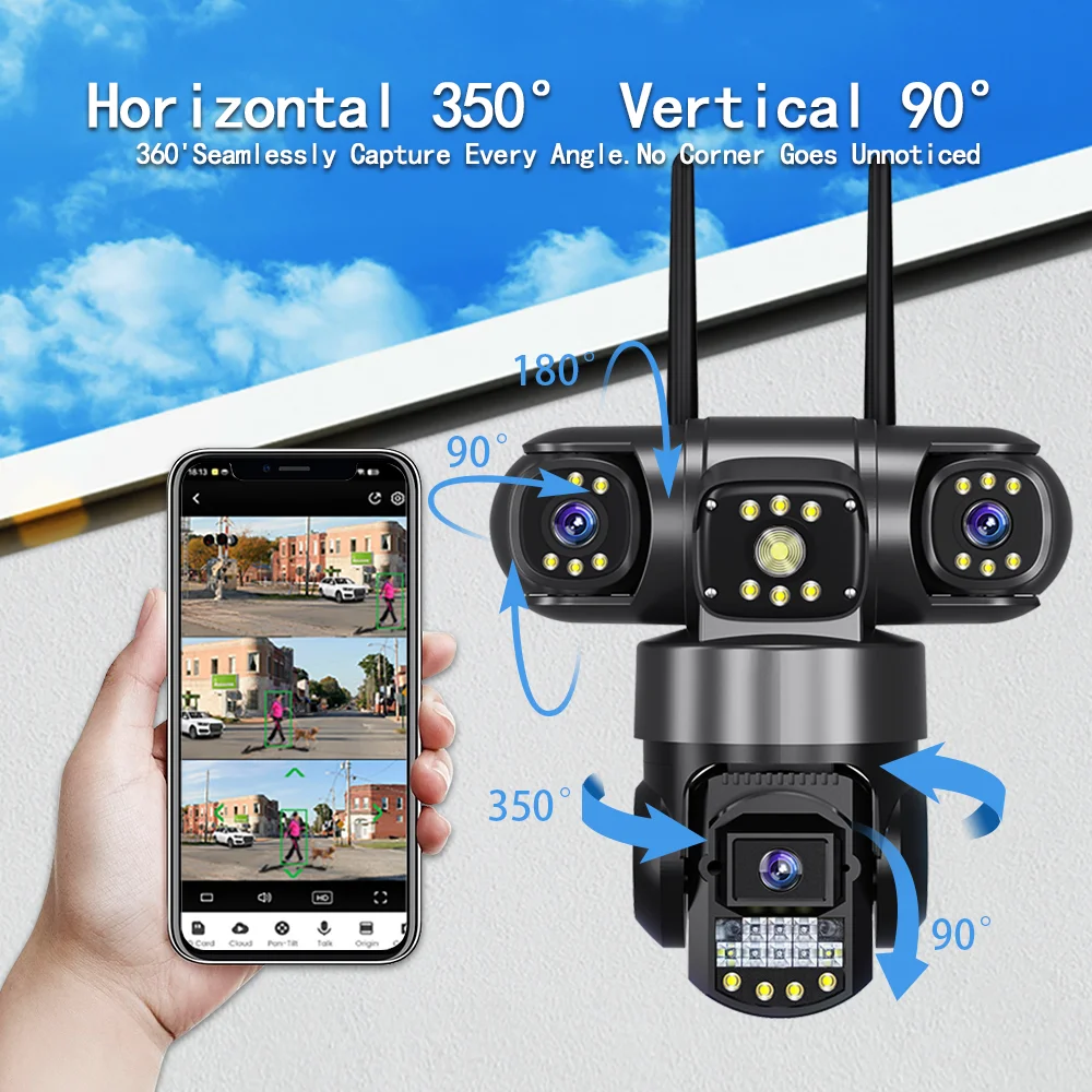 4G 12MP 6K IP CCTV Outdoor Waterproof Security Camera 3 Lens Night Vision Two-way Intercom Mobile Monitoring Alarm 360°PTZ