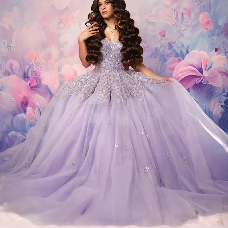 

Lavender Quinceanera Dress off-shoulder Crystal Glitter Decal Beading Long tail vestidos de 15 Quinceanera ﻿Customize