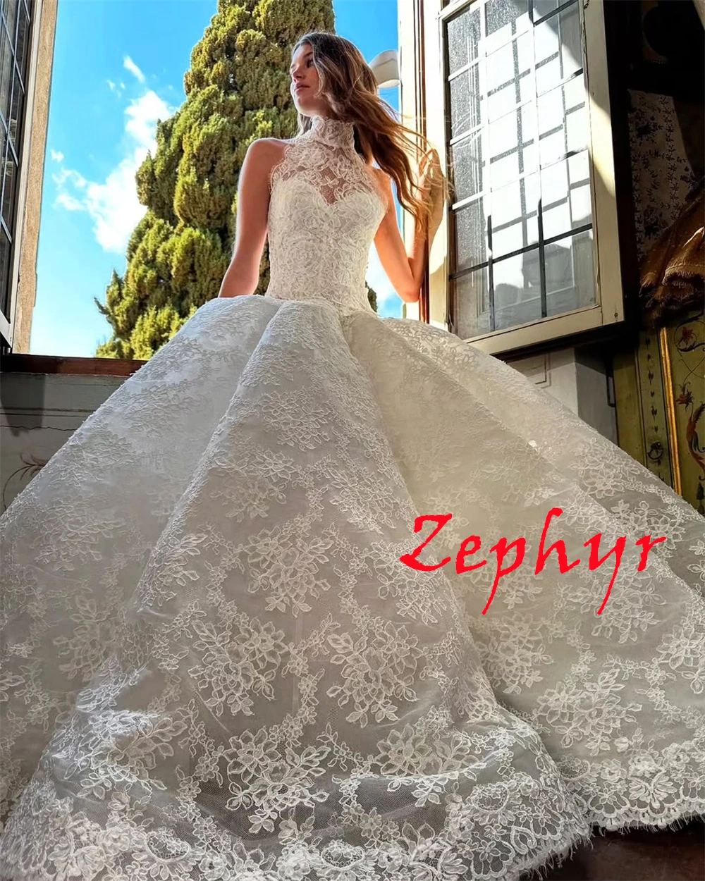 Robe De mariée en dentelle blanche, personnalisée, exquise, élégante, col licou, sans manches, traîne chapelle, fermeture éclair au dos