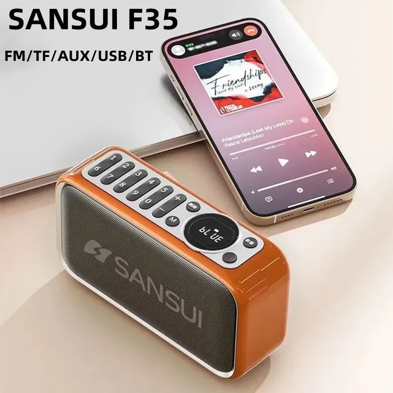 SANSUI F35 Vintage Bluetooth Speaker Portable Stereo Bass Bluetooth Speaker Mini Plug in Walkman Music Player Supports TWS/AUX