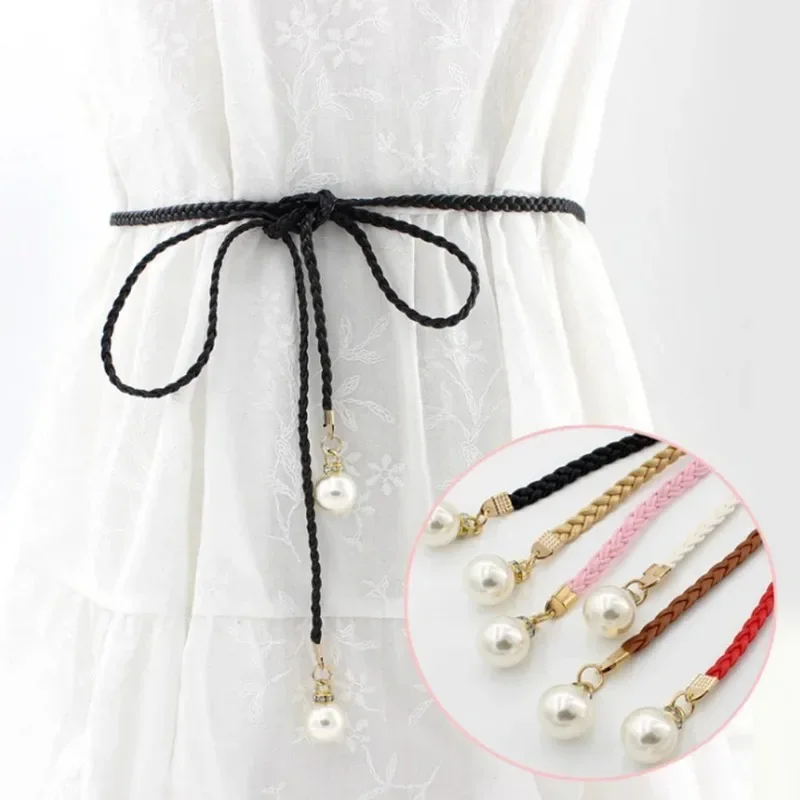 

Women Simple PU Leather Belt Fashion Solid Weave Waist Rope With Pearl Thin Skirt Decorative Coat Sweater Strap 2024