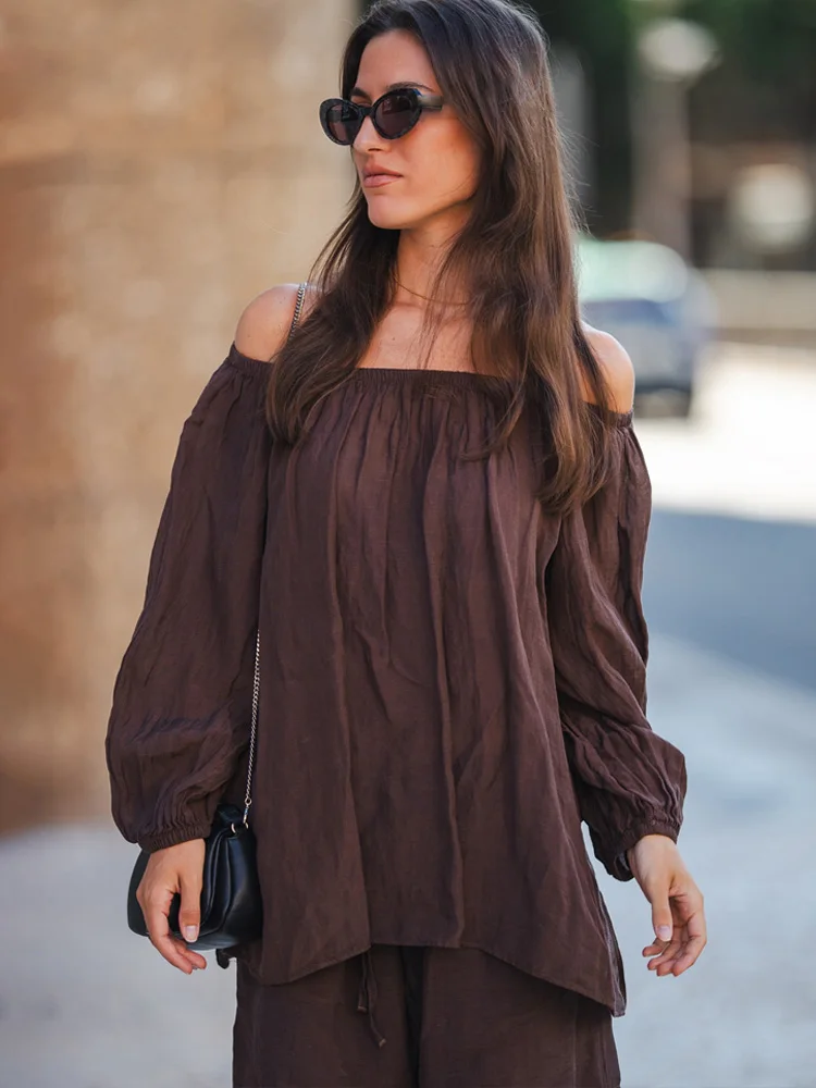 Hh moda feminina manga longa orvalho ombro decoração topo + bolsos cintura elástica cordão mini sólido verão curto conjunto mujer