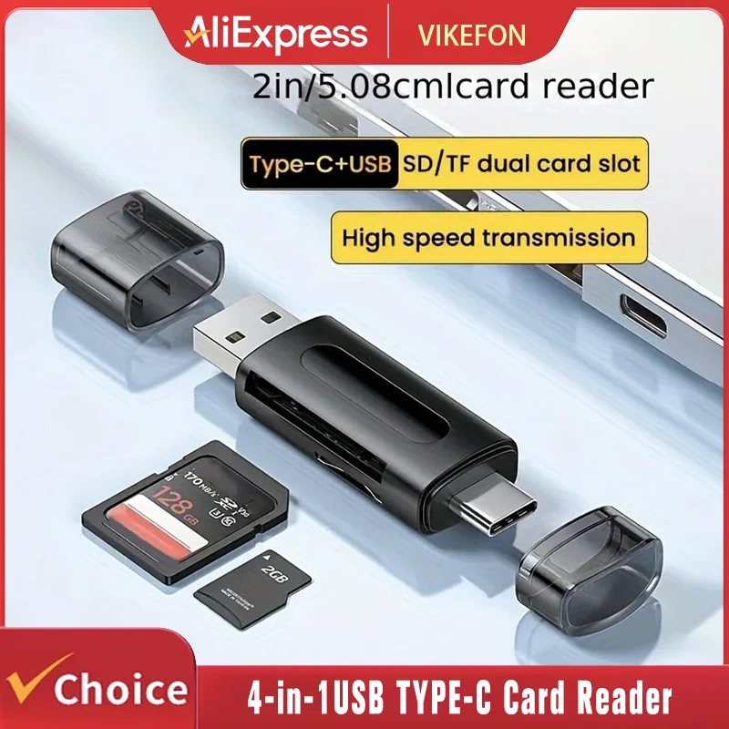 4-in-1 Multifunction USB TYPE-C Card Reader External Storage Black Stretch for Memory Stick USB 2.0 Mini SD TF Card Reader