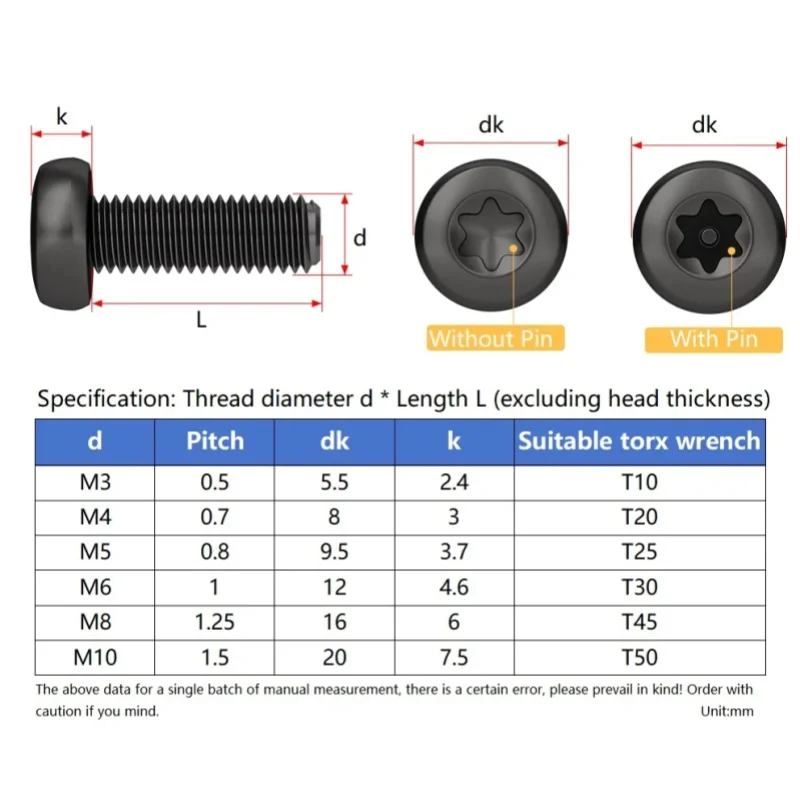 M3m4m5 M6 M8 M10 Black 304 Stianless Steel Six-lobe Torx Pan Round Button Screw With/without Pin Tamper Proof Security Bolt