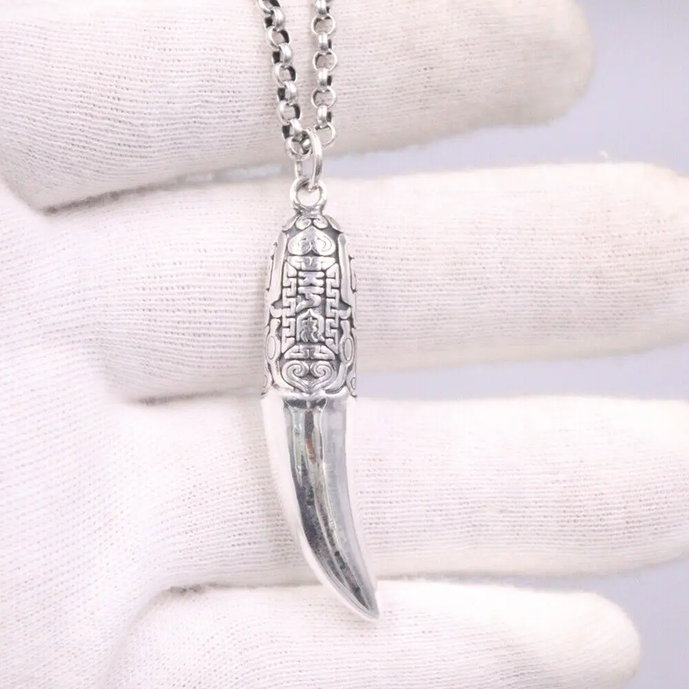 

Real 990 Fine Silver Safety Word Tooth-shaped Pendant 1.89"H + 19.7" Rolo Chain