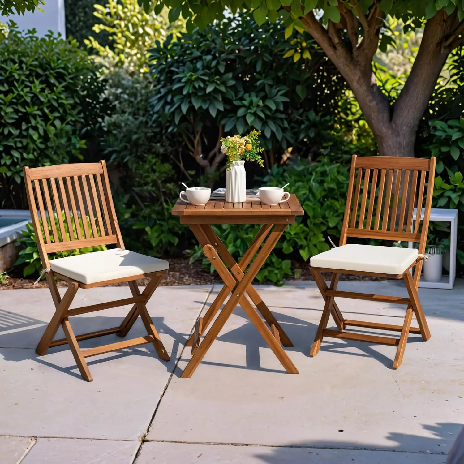 3 Stück Terrasse Klapp möbel Bistro Set mit 2 Kissen für Pool Strand Hinterhof Balkon Veranda Deck Garten, Akazien holz